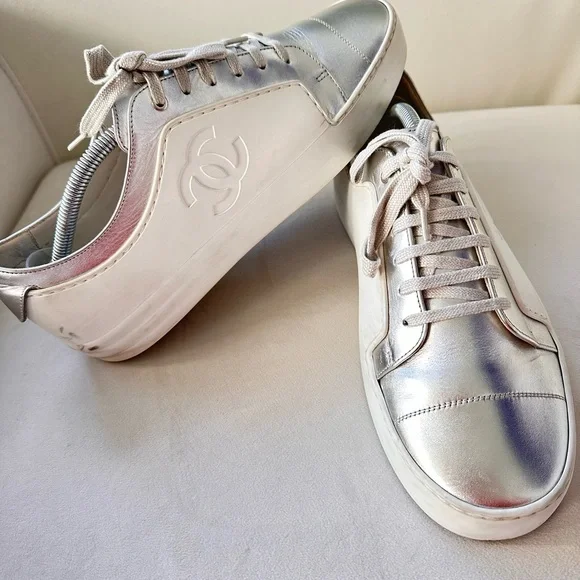 Authentic Chanel CC Sneakers White And Metallic Grey Shoes EuSize 42 US 9